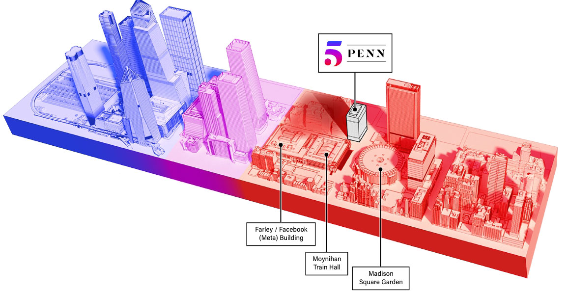 3D map of 5 Penn Plaza and surrounding neighborhood